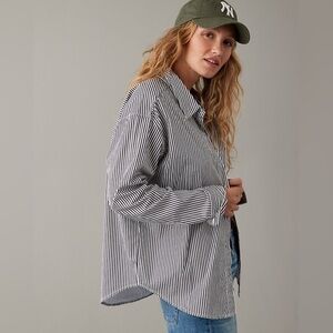 American Eagle Mens Button Up Shirt Long Sleeve Vintage Fit Stripes Blue